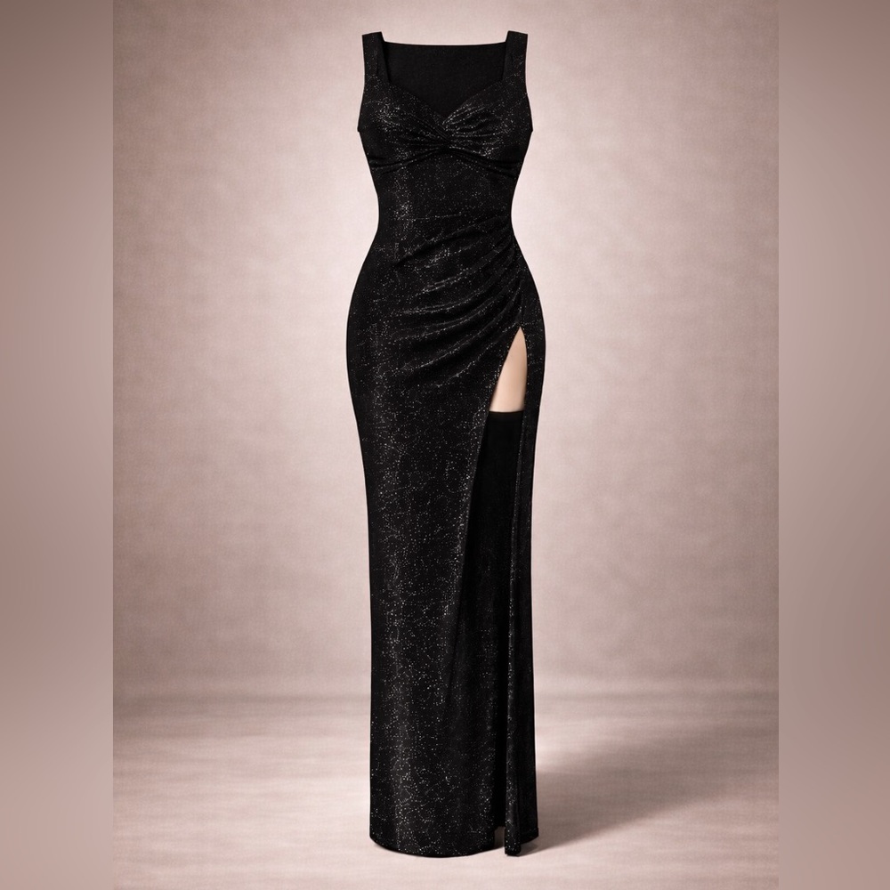 Black Sparkly Evening Dress High Slit Bodycon Maxi Party Prom XS